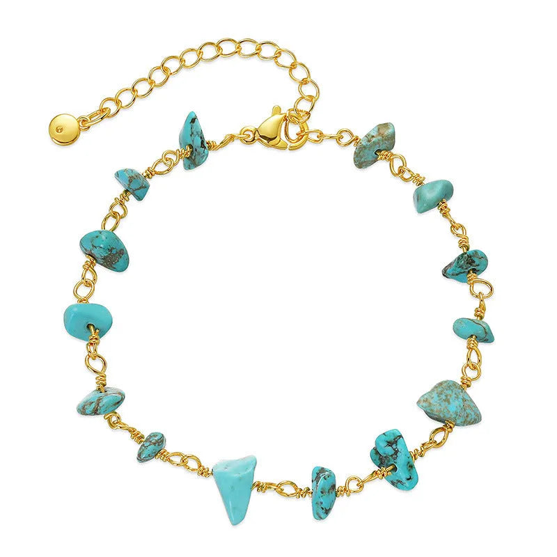 Irregular natural gravel turquoise bracelet in 18K copper with geometric design and crystal accents