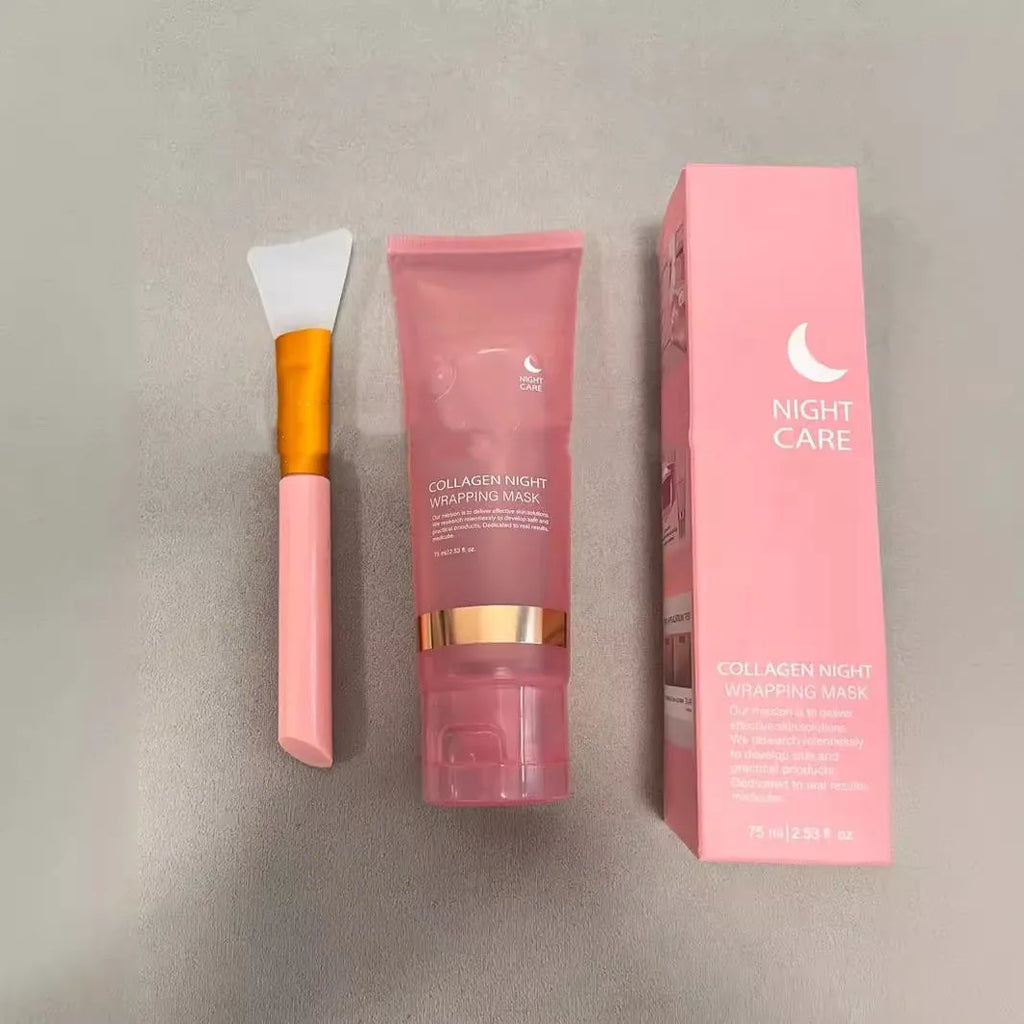 75ml collagen night face mask bottle with application brush for firming and hydration.