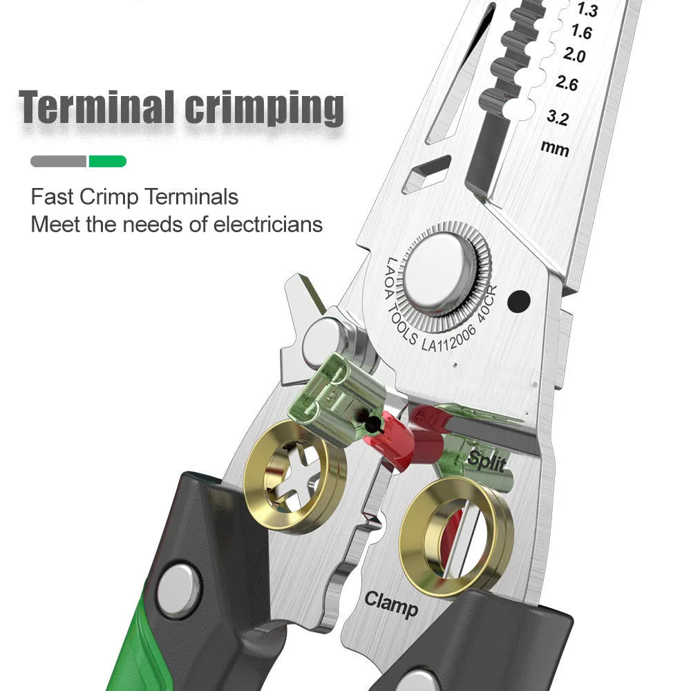Stainless steel multifunctional wire stripper tool with two-colour handle showing seven different sized stripping ports.