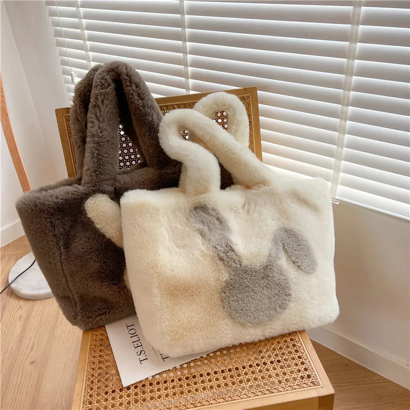 Cartoon rabbit ears plush shoulder bag in multiple colour options with large capacity