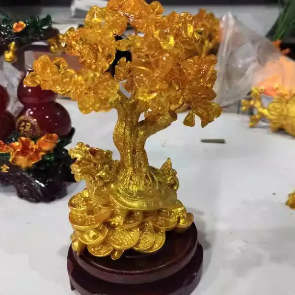 Resin Feng Shui ornament with citrine money tree and small turtle, 23cm high.