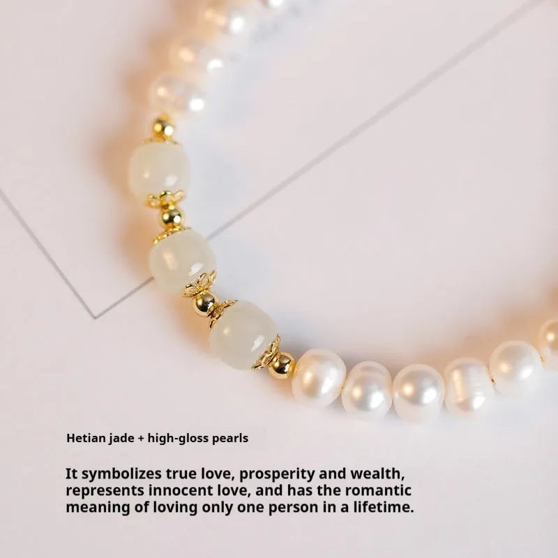 Natural freshwater pearl bracelet with electroplated diamond beads in Hetian jade colour