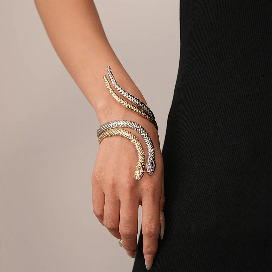 Snake-inspired ring and bracelet set with exaggerated twisted winding design in electroplated metal