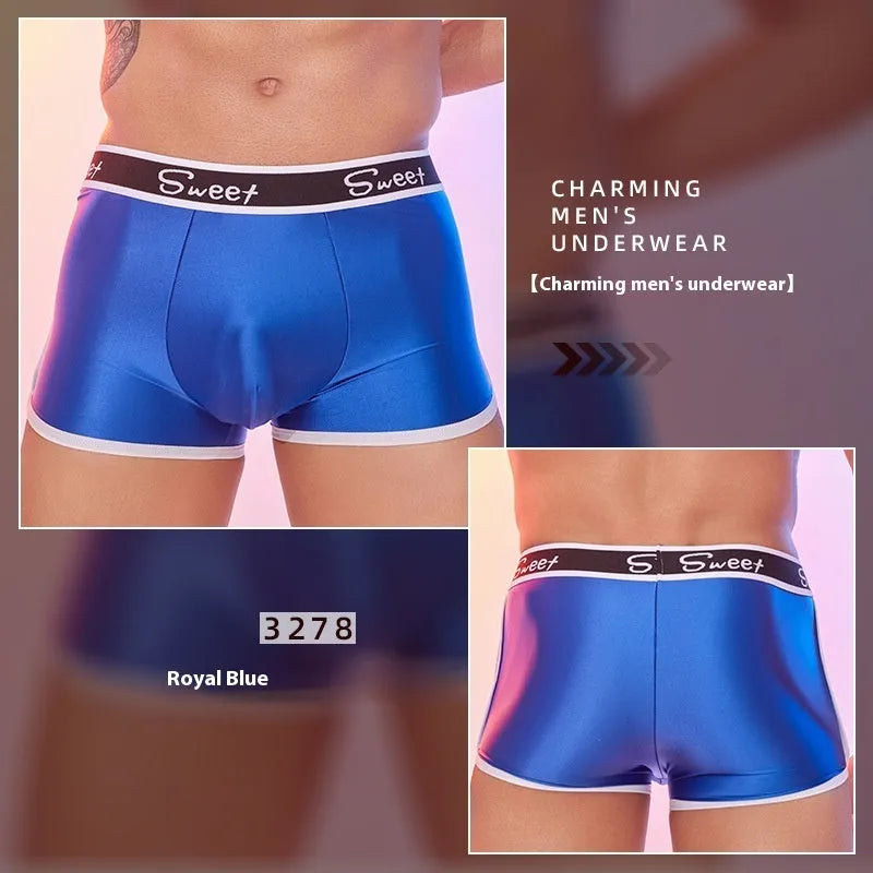 Men's shiny silky nylon boxers in black, white, and sapphire blue colours with Asian sizing fit