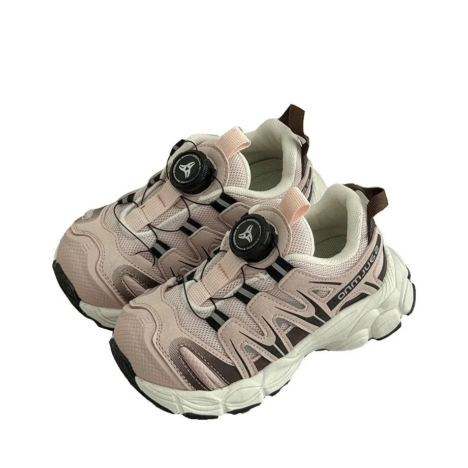 Girls lightweight casual sneaker in PU leather mesh, shown in solid black, beige, or pink.