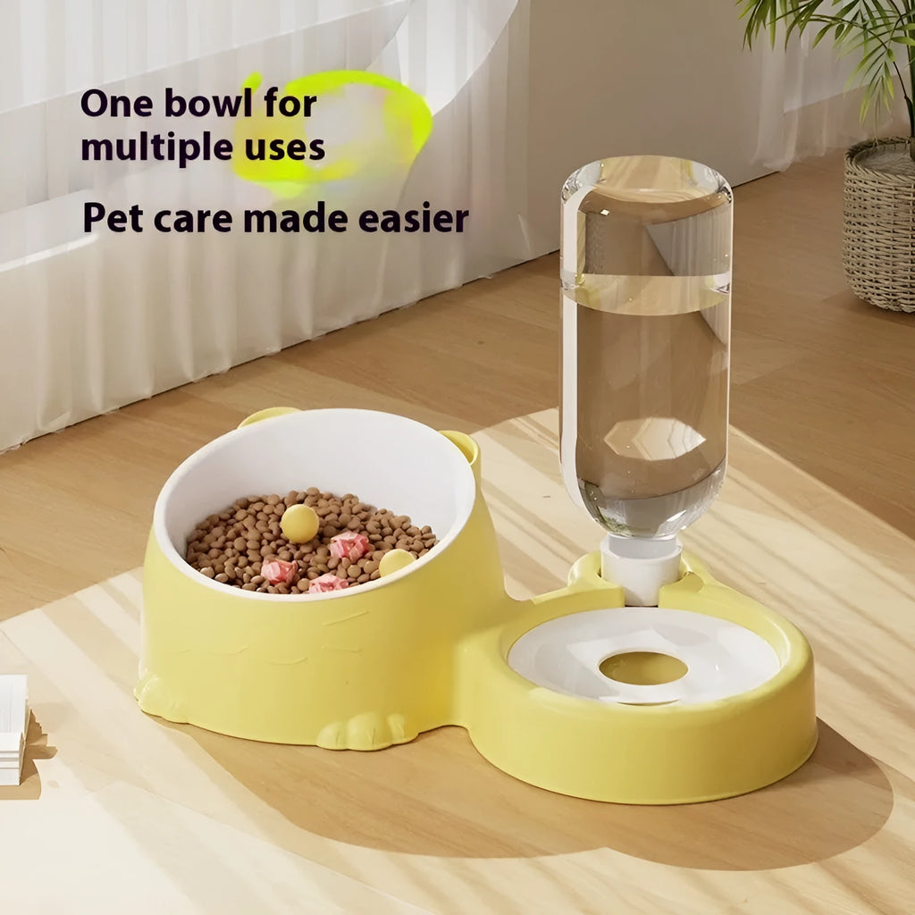 Automatic drinking pet fountain with two plastic food bowls in haze blue colour