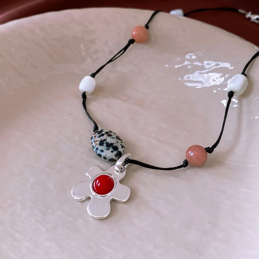 Adjustable ethnic flower pendant necklace with stone and shell beads on electroplated alloy chain