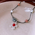 Adjustable ethnic flower pendant necklace with stone and shell beads on electroplated alloy chain