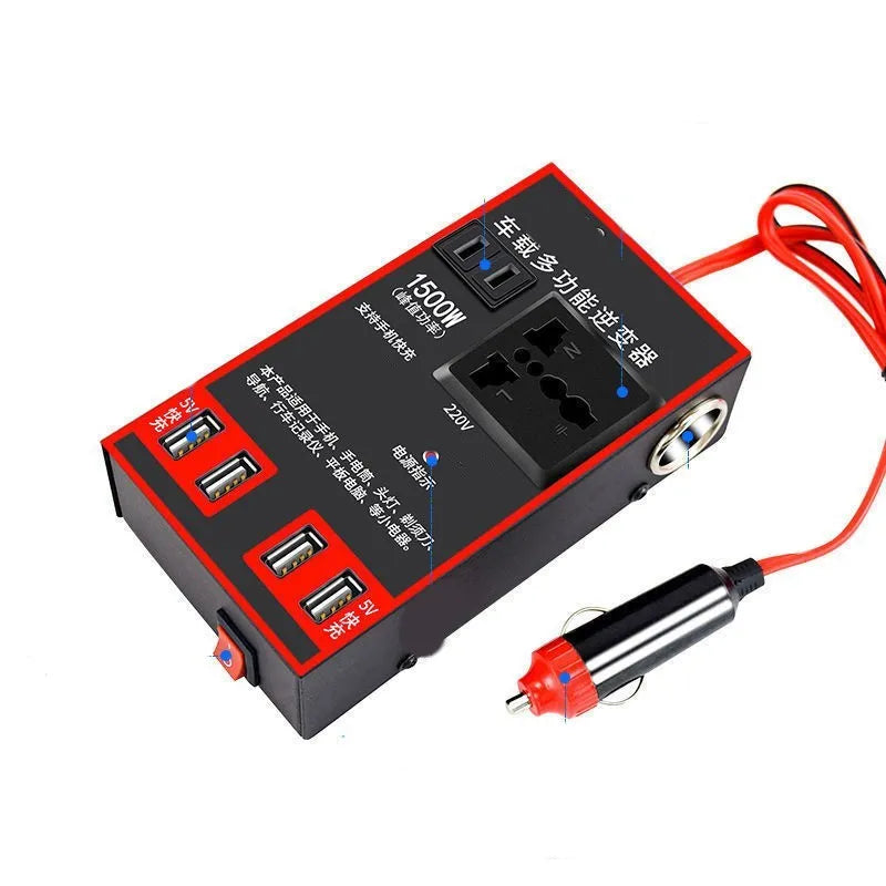 Black automotive power converter for 12V 24V to 220V conversion with USB charging ports