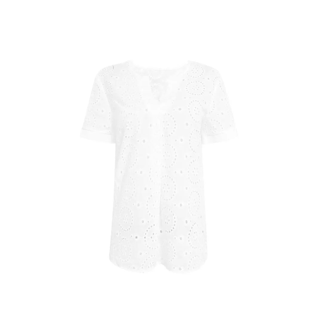 White women's V-neck T-shirt with hollow out detail and short sleeves in loose fit style