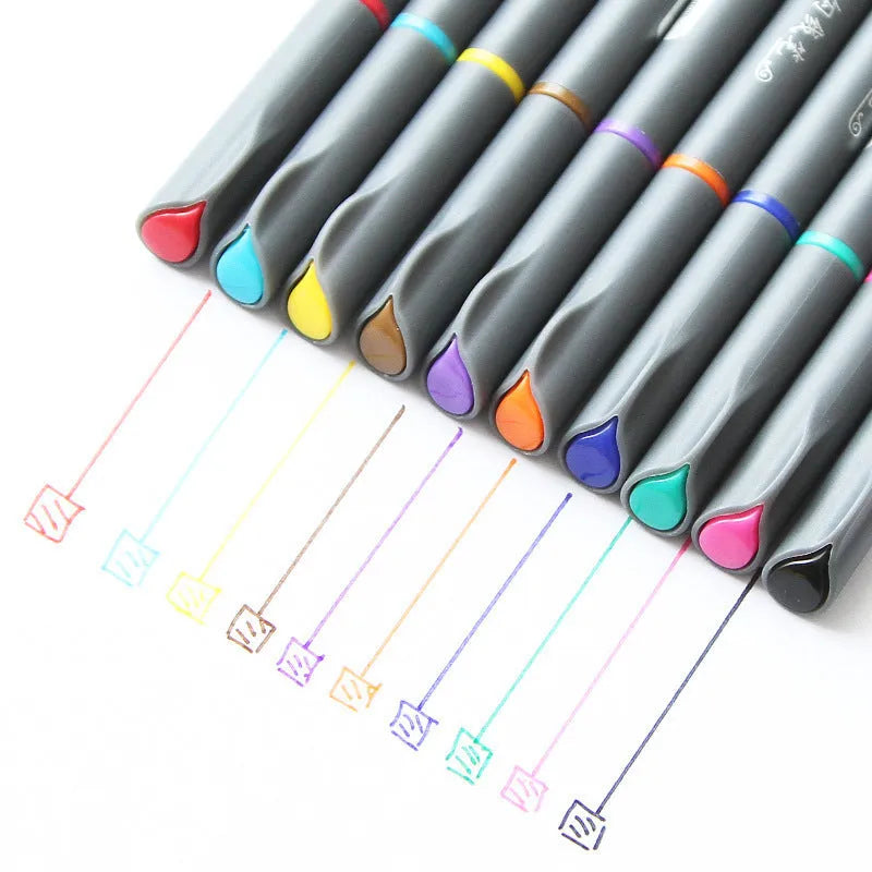 Pack of ten black hook line pens with 0.38mm fine tips for technical drawing.