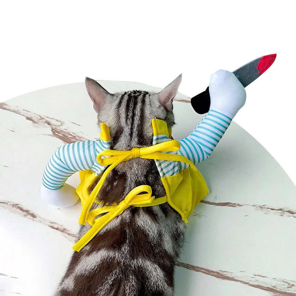 Yellow knife assassin costume for cats with B02405 sword design in polyester fabric