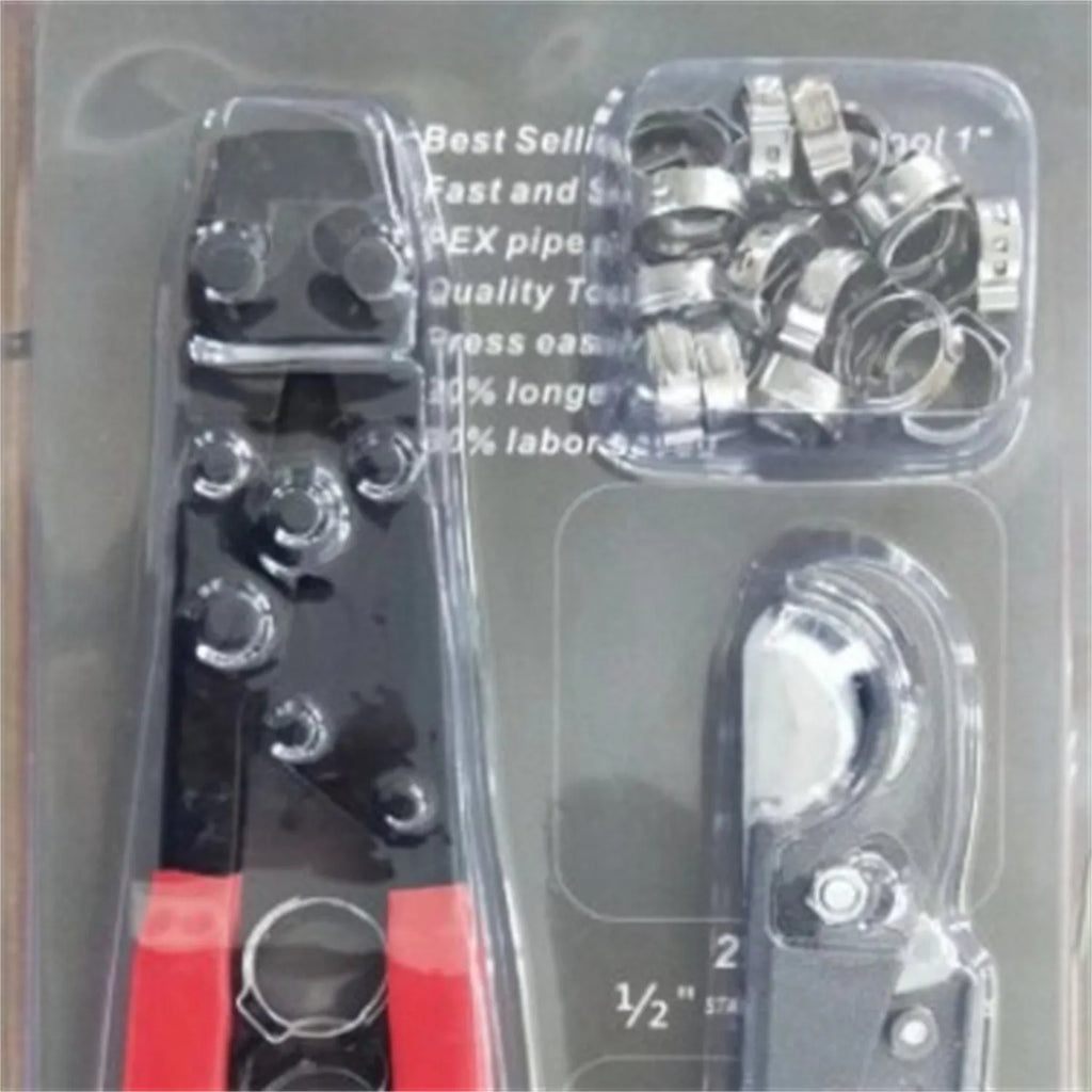 Red cloth single-ear PEX clamp made of metal with a carbon steel cutting edge.