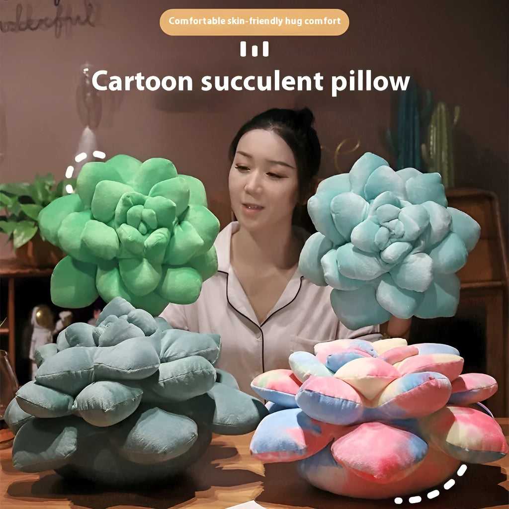 Cartoon tie-dyed succulent plush pillow toy in green on a white background