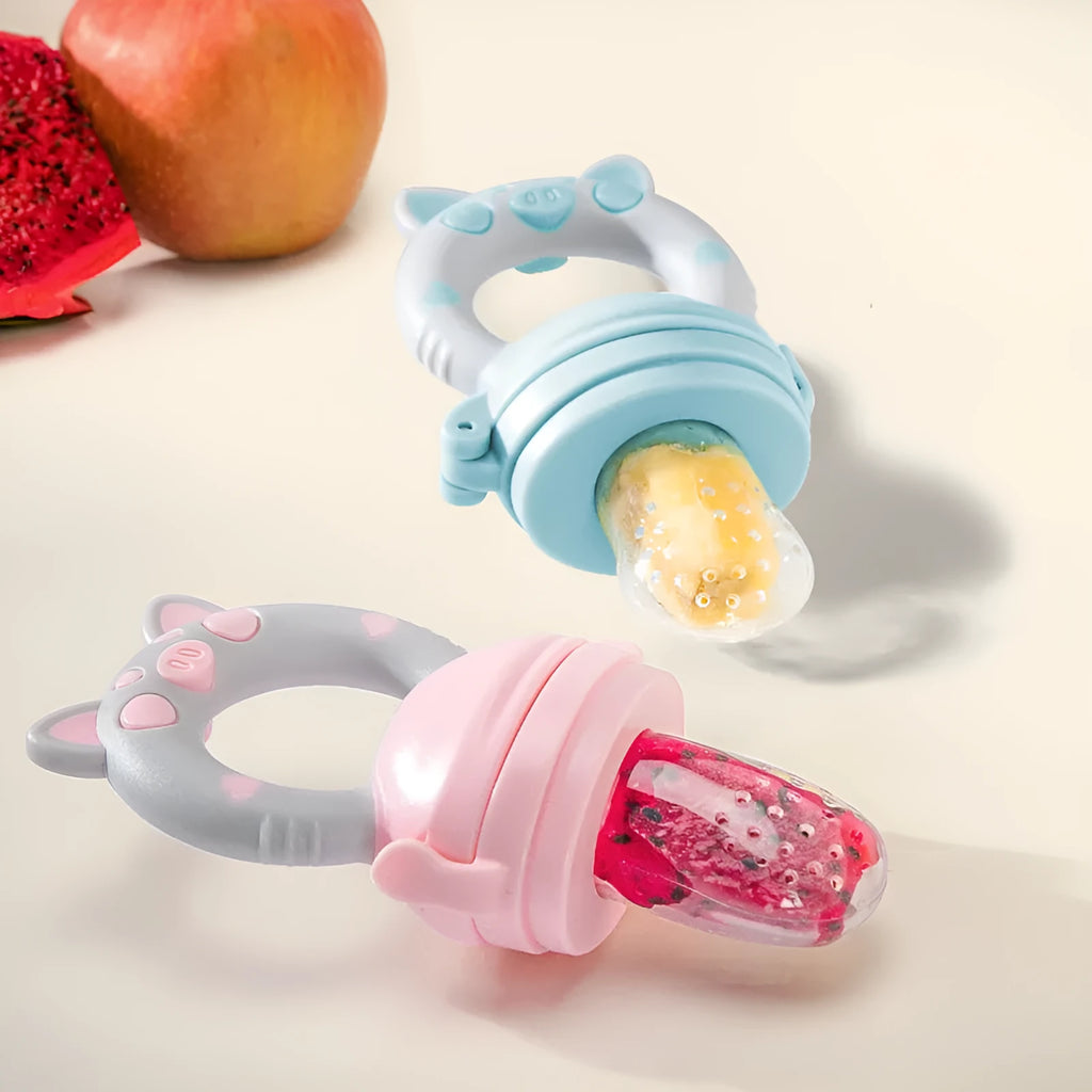 A blue silicone baby teether with a textured surface for infant gum relief.