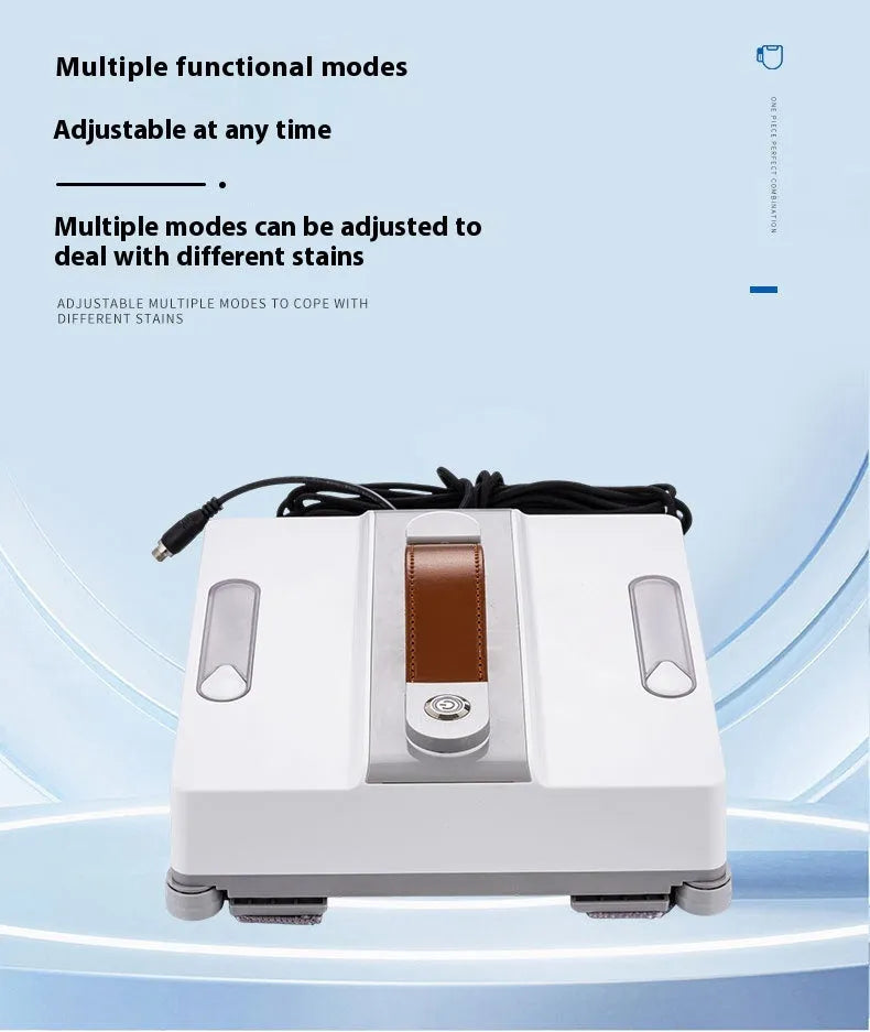 White intelligent window cleaning robot for high-rise glass surfaces, showing control app and water spray ports.