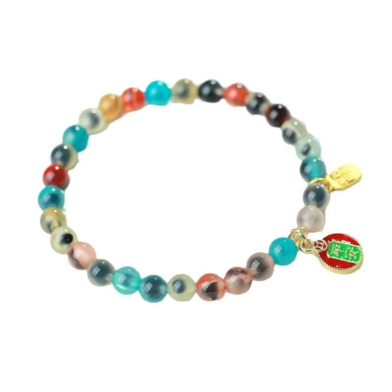 Natural colourful sugar heart agate women's bracelet with copper coin detailing in fu character design