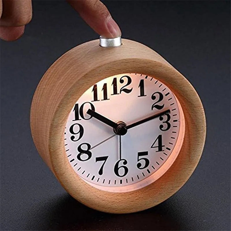 Solid beech wood square alarm clock with silent quartz movement measuring 9.5cm