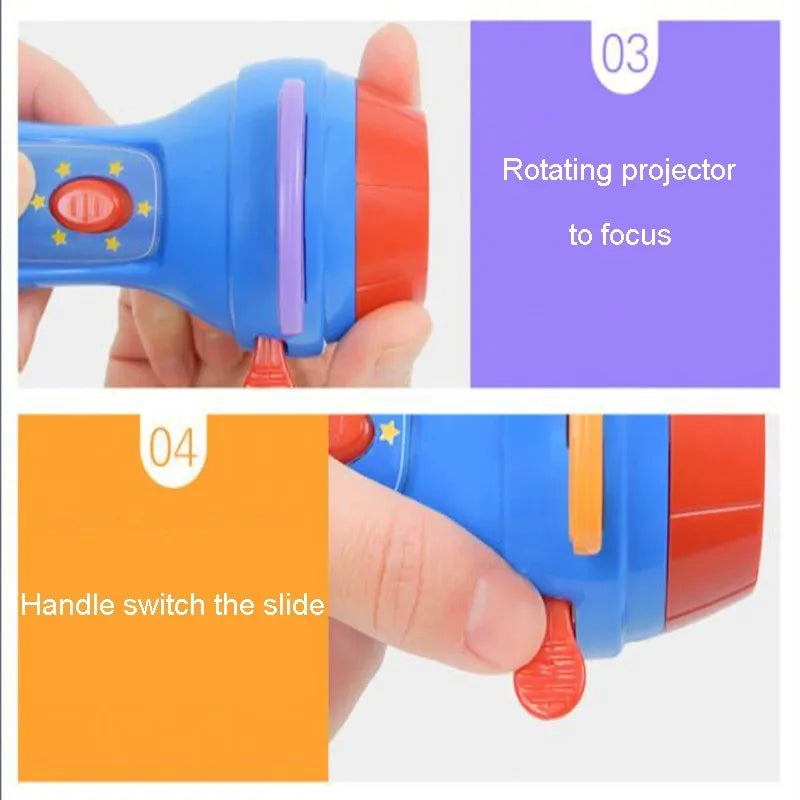 Kids handheld storybook projector torch with four fairy tale discs projecting images on wall