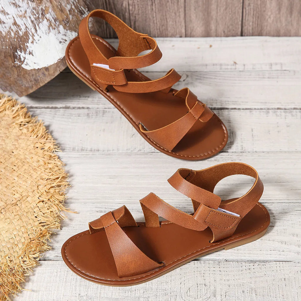 Women's flat sandals with Velcro strap on round-toe PU upper and rubber sole
