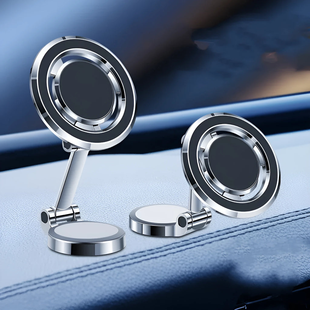 Magnetic adhesive car phone holder mounted on centre console with 360-degree rotation bracket