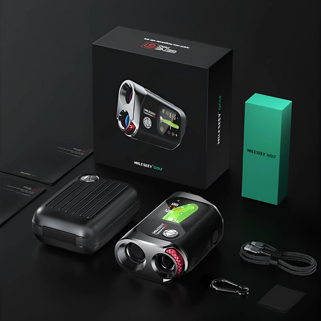 Black GenePro G1 golf GPS laser rangefinder with AMOLED touch screen.