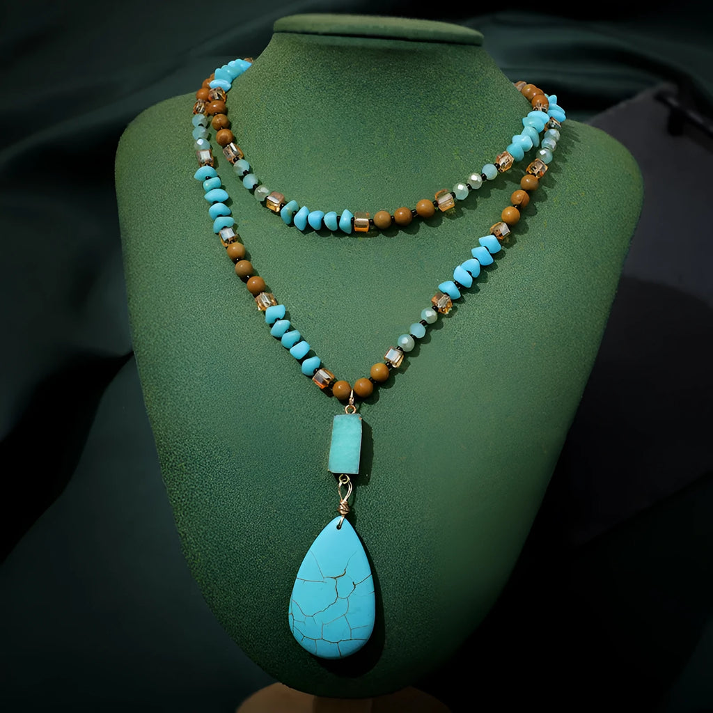 Turquoise water drop pendant necklace with mixed gem inlaid design and ball bead chain