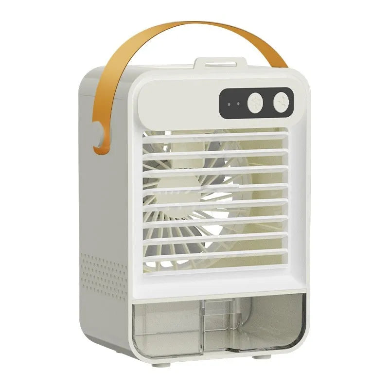 Dark green portable desktop fan with USB cable and control buttons showing compact 19x12.5x10cm dimensions