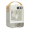 Dark green portable desktop fan with USB cable and control buttons showing compact 19x12.5x10cm dimensions