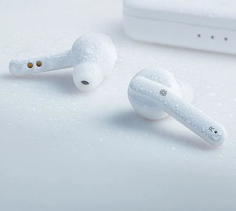 Black and white true wireless Bluetooth earbuds with charging case.