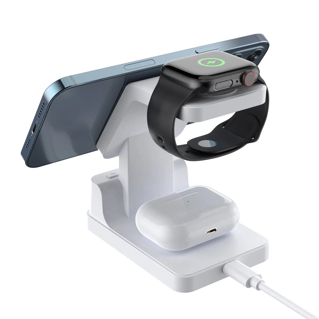 Black magnetic three-in-one 15W wireless charger with clock on a desk