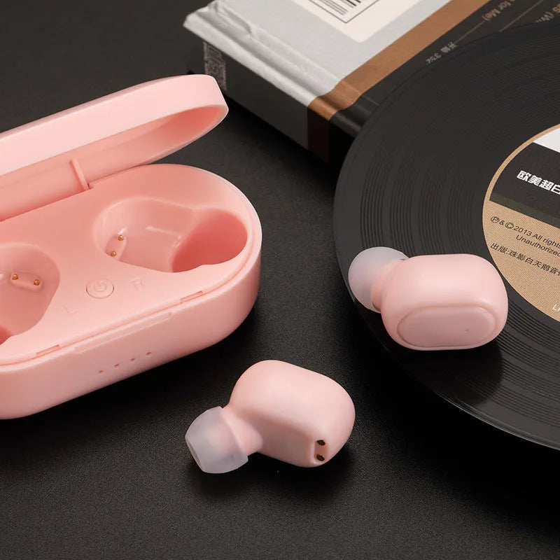 A6S mini wireless Bluetooth in-ear sports earbuds in matte black finish with charging case