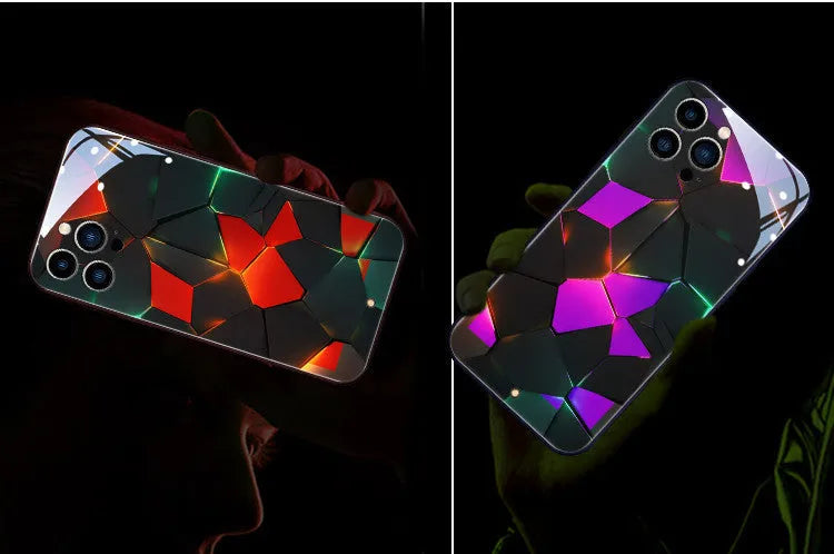 Clear tempered glass iPhone case showing Lightning Rhombus design on a phone.