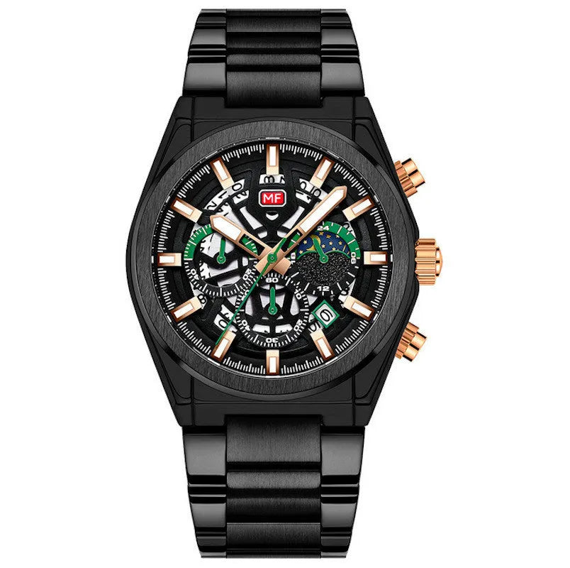 Men's business quartz watch with luminous hands and calendar, 35.5mm dial, mineral glass, stainless steel buckle, black face
