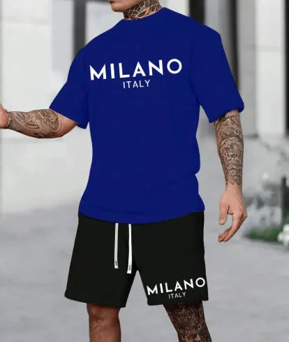 European style short sleeve polyester suit set in blue colour showing round neck top and matching shorts