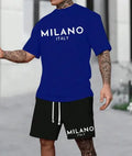 European style short sleeve polyester suit set in blue colour showing round neck top and matching shorts