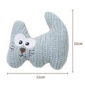 Cyan plush rope catnip toy with bell for cats, showing knitted fabric texture and measuring 12 cm by 11 cm