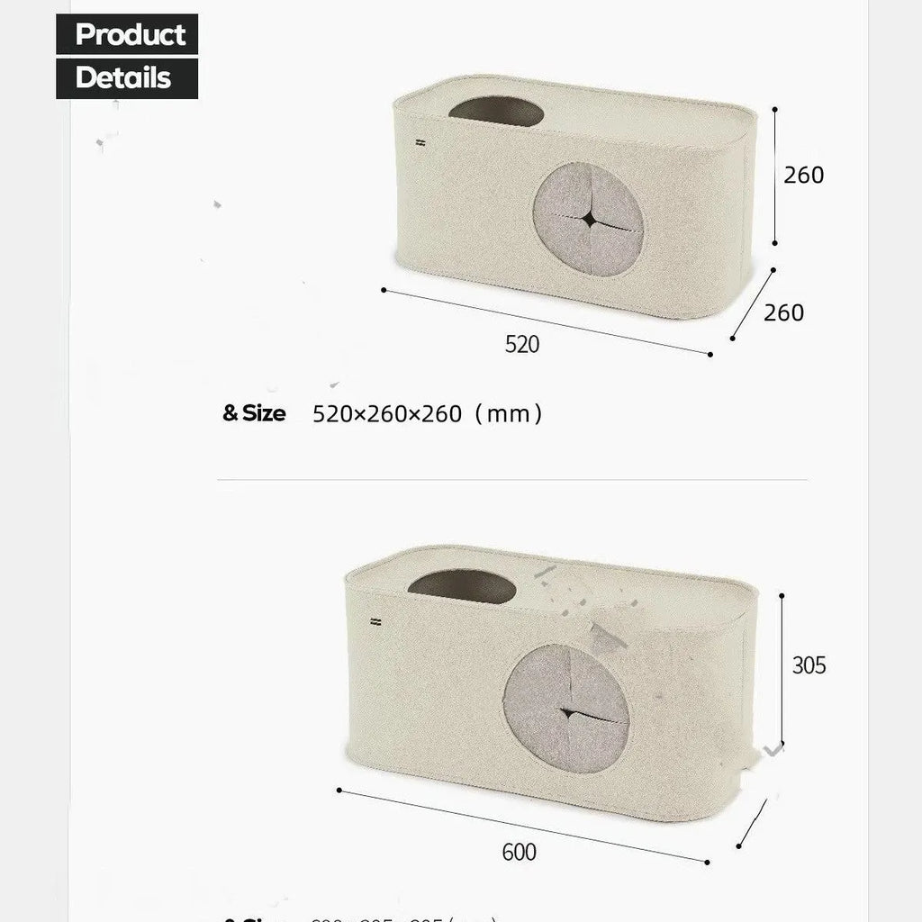 Foldable felt cat nest in khaki colour, shown in both its open shelter form and folded flat for storage.