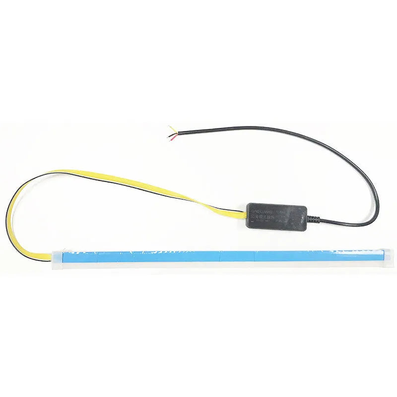 Car LED daytime running light strip with flowing turn signal indicator in silicone housing