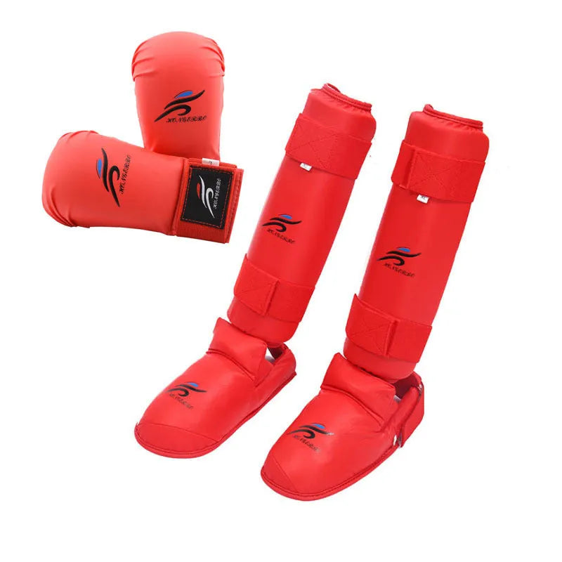 Karate protective gear set with red leg guards, helmet, and boxing gloves for martial arts training