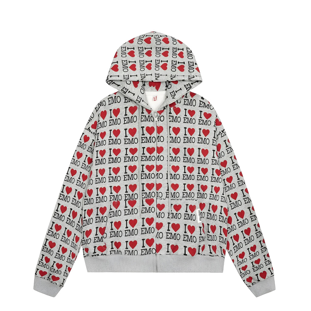 Women's grey cotton hooded cardigan with retro autumn pattern and long sleeves