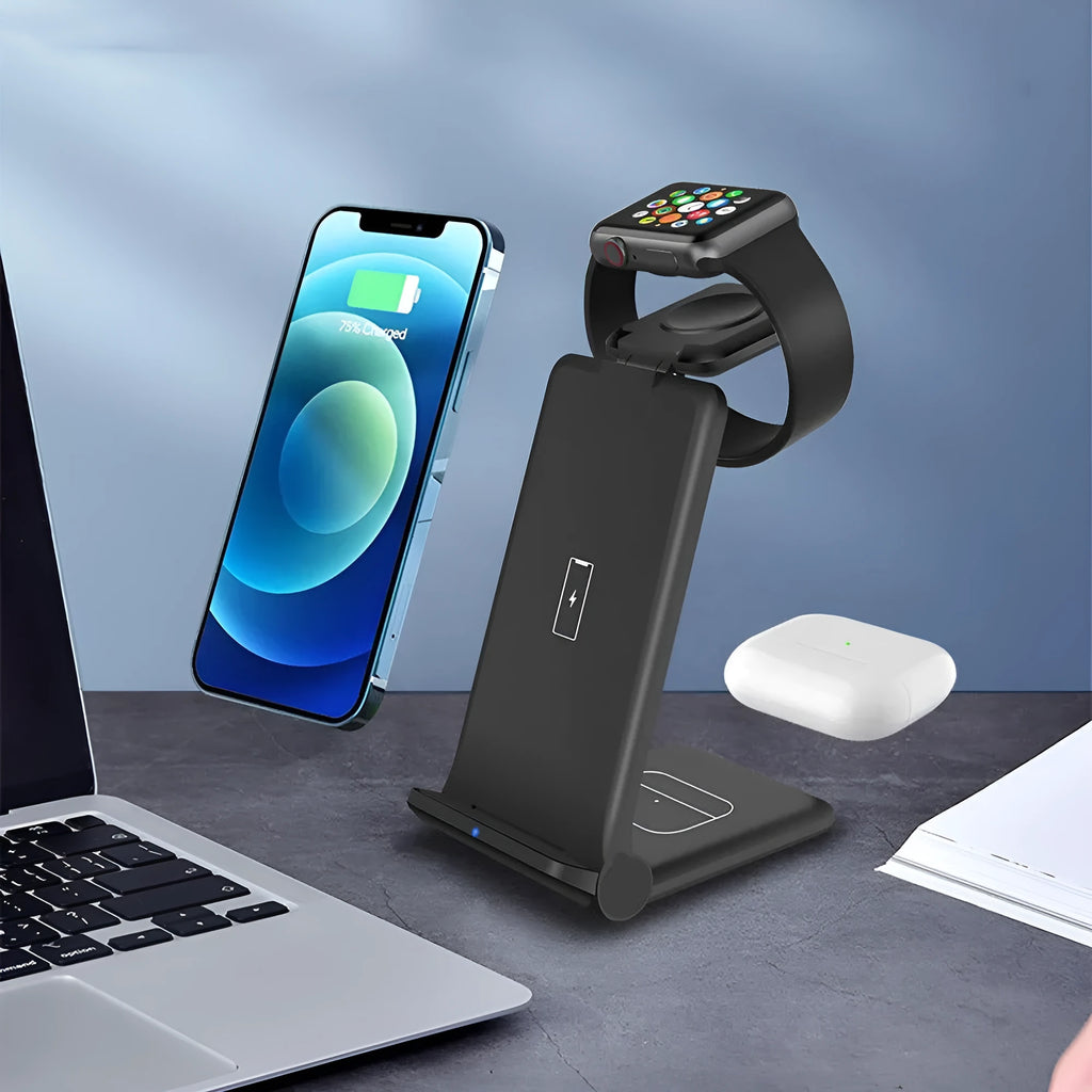 White 3-in-1 foldable wireless charging station dock for phone, AirPods, and Apple Watch on a desk.