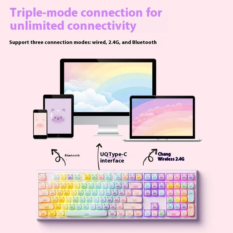 Coloured sugar cat theme Bluetooth mechanical keyboard with 108 keys and piano shaft switches