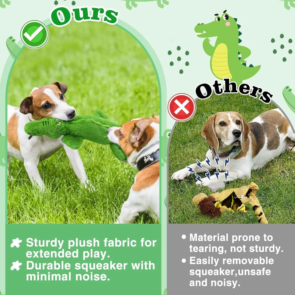 Green crocodile plush dog toy with no stuffing for aggressive chewers