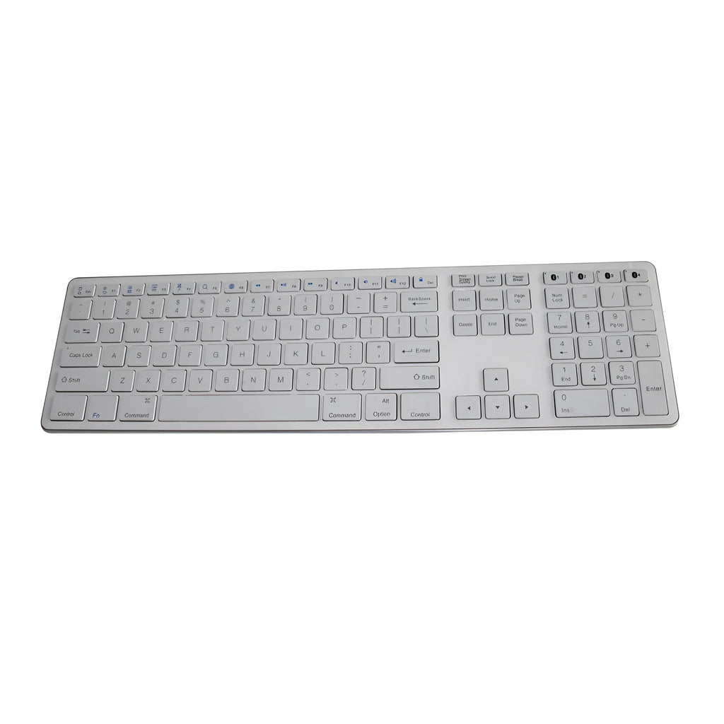 White wireless Bluetooth keyboard with 109 keys and three-key zone layout