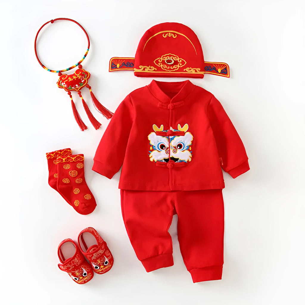 Girls cotton Tang suit dress in 036 Star Stone print with long sleeves and pants for one-year-old celebration