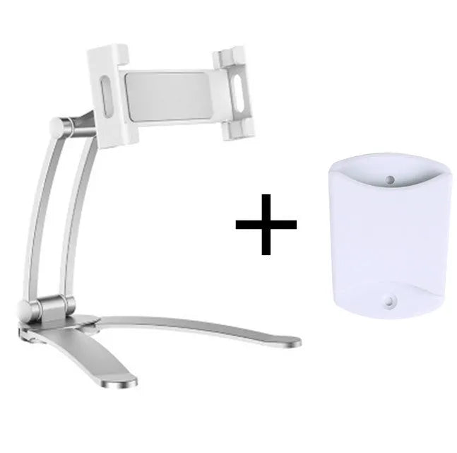 Silver aluminium alloy desktop tablet stand with adjustable white mount holding a tablet