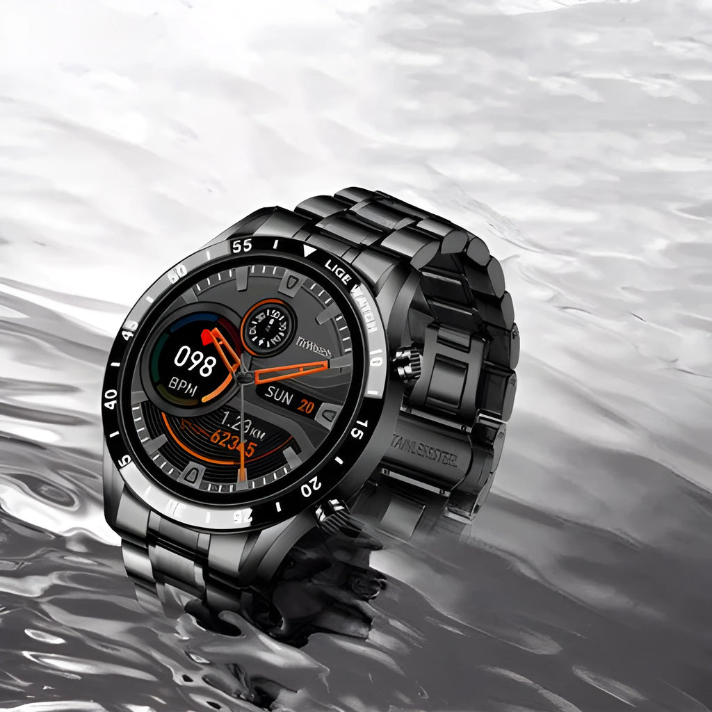 Smart watch with stainless steel wristband and 1.3 inch screen showing step count display