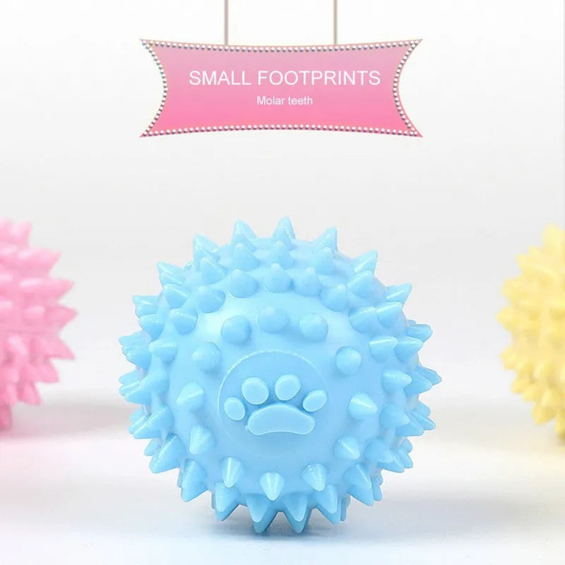 Blue TPR rubber dog chew toy with footprint texture for tooth cleaning, 6cm diameter