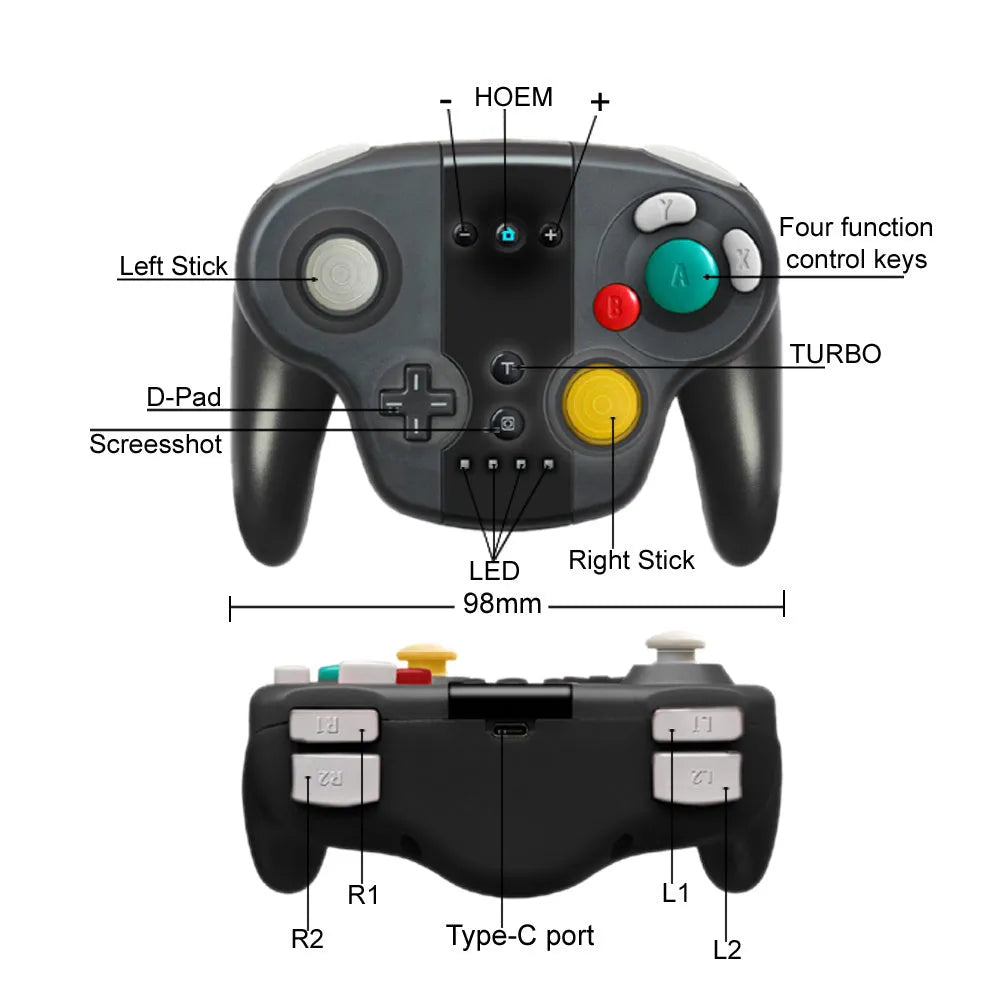 Black wireless gamepad for Nintendo Switch and PC with NFC reader near thumbsticks.